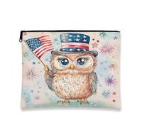 Trousse de maquillage patriotique, pochette de voyage pour femme, petite trousse de toilette en toile à fermeture éclair, cadeau de festival d'été, bleu, 7x9 Inch, Chouette