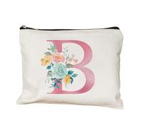 Trousse de maquillage personnalisée avec initiales - Lettre - Trousse de maquillage blanche en toile 22 x 14 cm - Pochette zippée pour cosmétiques, voyage, quotidien, idée cadeau pour femme, b, 22x14