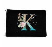 Trousse de maquillage personnalisée avec initiales - Lettre - Trousse de maquillage noire en toile 22 x 14 cm - Pochette zippée pour cosmétiques, voyage, quotidien, idée cadeau pour femme, k, 22x14 cm