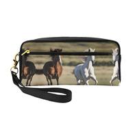 Trousse de maquillage - Petite trousse de maquillage en cuir imprimé chevaux en cours d'exécution pour voyage, organiseur de toilette avec pochette à fermeture éclair, noir, taille unique, noir