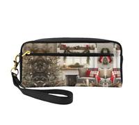 Trousse de maquillage - Petite trousse de maquillage en cuir imprimé de Noël pour voyage, trousse de toilette avec pochette à fermeture éclair, noir, One Size