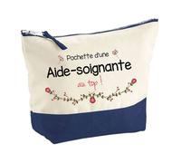 Trousse de maquillage - PLANETEE - Pochette fond bleu ""Aide-soignante au Top"" - Grand format - Coton - Impression sublimation HD