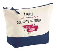 Trousse de maquillage - PLANETEE - Pochette fond bleu «Assistante maternelle Merci Géniale» - Grand format - Coton - Impression HD