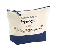Trousse de maquillage - PLANETEE - Pochette fond bleu «Maman au Top» - Grand format - Coton - Impression sublimation HD