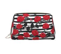 Trousse de maquillage portable à rayures noires et blanches avec roses rouges - Organiseur spacieux conçu pour les pinceaux et les articles de toilette, doré, One Size