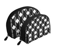 Trousse de maquillage portable à texture ethnique tribal africain - Organiseur de maquillage de voyage avec fermeture éclair et compartiments intérieurs, Drapeau à carreaux noir et blanc., Taille