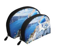 Trousse de maquillage portable avec fermeture éclair et compartiments intérieurs Motif drapeau des États-Unis, Santorini Île grecque vue sur la mer, Taille unique