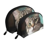 Trousse de maquillage portable avec fermeture éclair et compartiments intérieurs Motif tigre Blanc, Un chat curieux, Taille unique