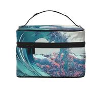 Trousse de maquillage portable avec impression vague de mer pour femme - Trousse de maquillage de voyage avec pochette intérieure et poignée, Noir , Taille unique, Trousse de maquillage