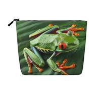 Trousse de maquillage portable avec imprimé éléphant africain pour femme, aspect lin, trousse de toilette de voyage pour cadeau de voyage et élégance quotidienne, Feuilles de grenouille animale, One