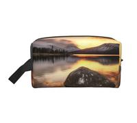 Trousse de maquillage portable avec imprimé tournesol pour femmes et filles, grande capacité, trousse de maquillage de voyage avec poignée, Rock and Lake Under Sunset, Taille unique, Trousse de