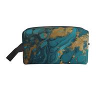 Trousse de maquillage portable avec poignée pour femme et fille - Grande capacité - Impression volcanique, Turquoise, bleu doré, marbre, Taille unique, Trousse de maquillage
