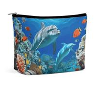 Trousse de maquillage portable de grande capacité pour voyage, sac de rangement New York Manhattan Bridge Night imprimé pour femmes et filles, Dauphins coralliens des fonds marins, Taille unique