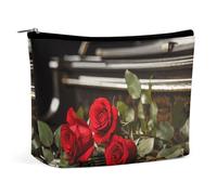 Trousse de maquillage portable de grande capacité, trousse de maquillage de voyage, sac de rangement, trousse de toilette imprimée rose rouge et noire, convient pour les femmes et les filles, Rose