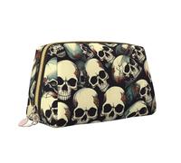 Trousse de maquillage portable en cuir avec fermeture éclair et motif tête de mort
