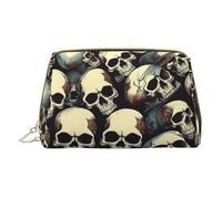 Trousse de maquillage portable en cuir avec fermeture éclair et motif tête de mort squelette, blanc, Taille unique