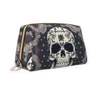 Trousse de maquillage portable en cuir avec fermeture éclair Motif tête de mort et fleurs