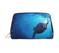Trousse de maquillage portable en cuir avec imprimé de fleurs blanches pour femme - Fermeture éclair dorée, Lion sous-marin, One Size, Trousse de maquillage