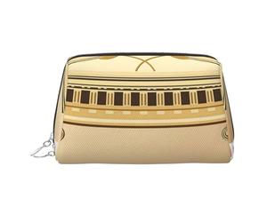 Trousse de maquillage portable en cuir avec imprimé fleurs noires et dorées pour femme, fermeture éclair argentée, Construction antique avec branche d'olivier romaine et grec, One Size, Trousse de
