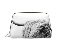 Trousse de maquillage portable en cuir avec motif géométrique argenté pour femme - Fermeture éclair dorée, Portrait d'une vache Highland, One Size, Trousse de maquillage