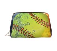 Trousse de maquillage portable en cuir avec motif palmier violet coucher de soleil pour femme - Fermeture éclair dorée, Orange Softball Baseball On Fire And Water, One Size, Trousse de maquillage