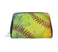 Trousse de maquillage portable en cuir avec motif palmier violet coucher de soleil pour femme, fermeture éclair argentée, Orange Softball Baseball On Fire And Water, One Size, Trousse de maquillage