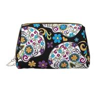 Trousse de maquillage portable en cuir étanche avec motif tête de mort et fleurs avec fermeture éclair pour la maison, les voyages, pour organiser les articles de toilette divers, blanc, Taille unique