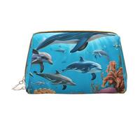 Trousse de maquillage portable en cuir imperméable avec imprimé dauphins, tortue de mer, pieuvre, récif de corail, sac à maquillage (17 x 10,9 cm), blanc, Taille unique