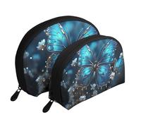 Trousse de maquillage portable en forme de lapin de Pâques avec fermeture éclair et compartiments intérieurs, Papillon bleu et lune, Taille unique