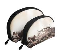 Trousse de maquillage portable noire classique avec fermeture éclair et compartiments intérieurs, Croix et couronne d'épines, Taille unique