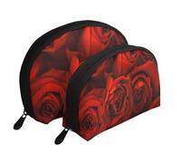 Trousse de maquillage portable noire classique avec fermeture éclair et compartiments intérieurs, Motif roses - Rouge, Taille unique