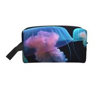 Trousse de maquillage portable noire et bleue avec imprimé libellule pour femmes et filles - Grande capacité - Trousse de maquillage de voyage avec poignée, Jolie méduse, Taille unique, Trousse de