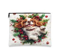 Trousse de maquillage pour chien de Noël, jolie pochette de voyage Cavalier King Charles pour femme, petite pochette portable en toile à fermeture éclair, trousse de toilette de vacances 17,8 x 22,9