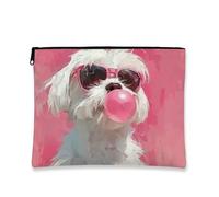 Trousse de maquillage pour chien mignon, Peach Bubble Gum Dog Art Pochette de voyage pour femme, petite pochette portable en toile avec fermeture éclair, cadeau de vacances, trousse de toilette pour