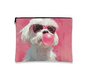 Trousse de maquillage pour chien mignon, Peach Bubble Gum Dog Art Pochette de voyage pour femme, petite pochette portable en toile avec fermeture éclair, cadeau de vacances, trousse de toilette pour