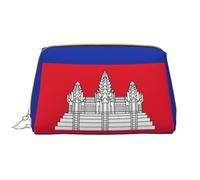 Trousse de maquillage pour femme avec drapeau du Cambodge - Grande capacité - Trousse de maquillage de voyage en cuir synthétique avec fermeture éclair - Organiseur portable à large ouverture, blanc