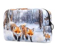Trousse de maquillage pour femme avec fermeture éclair Motif renards qui courent sur la neige, multicolore, 18.5x7.5x13cm/7.3x3x5.1in, Trousse de toilette