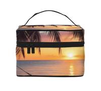Trousse de maquillage pour femme avec motif de coco, plage, coucher de soleil, sac de maquillage portable avec pochette intérieure et poignée, Noir , Taille unique, Trousse de maquillage