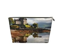 Trousse de maquillage pour femme - Château d'Écosse - Eau - Lac - Trousse de maquillage de voyage - Grande capacité - Portable - En cuir synthétique - Imperméable - Jolie trousse de toilette