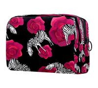 Trousse de maquillage pour femme, motif zèbre, animal et fleur, trousse de toilette de voyage, grande pochette de maquillage pratique avec fermeture éclair, multicolore, 18.5x7.5x13cm/7.3x3x5.1in,