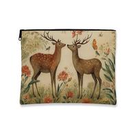 Trousse de maquillage pour femme, petite trousse de toilette portable en toile avec fermeture éclair, motif cerf floral vintage, beige, 7x9 Inch, Faune sauvage