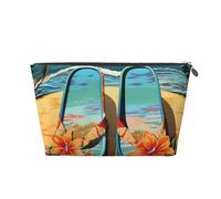 Trousse de maquillage pour femme - Tongs et scène de plage tropicale - Trousse de maquillage portable de grande capacité - En cuir synthétique - Imperméable - Jolie trousse de toilette esthétique à