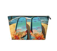 Trousse de maquillage pour femme - Tongs et scène de plage tropicale - Trousse de maquillage portable de grande capacité - En cuir synthétique - Imperméable - Jolie trousse de toilette esthétique à