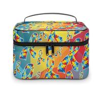 Trousse de Maquillage pour Femmes avec Ruban de Sensibilisation à l'Autisme, Organiseur avec Compartiments et poignée, Trousse de Toilette pour Hommes, Trousse de Toilette en Cuir Souple imperméable