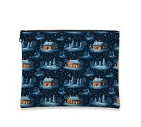 Trousse de maquillage pour maison d'hiver, pochette de voyage confortable pour femme, petite trousse de toilette portable en toile avec fermeture éclair, trousse de toilette pour les vacances, bleu