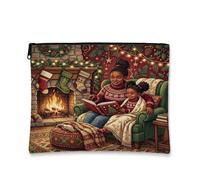 Trousse de maquillage pour mère et fille, scène de cheminée de Noël, 17,8 x | Scène d'hiver confortable, pochette de maquillage à fermeture éclair, moment de lecture en famille, bas de cheminée décoratif
