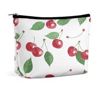 Trousse de maquillage pour rouge à lèvres, pochette à fermeture éclair, motif feuilles et cerises rouges, organiseur portable, accessoires de toilette, feuilles et cerises rouges, 17 x 15 x 5,8 cm,