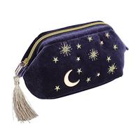 Trousse de Maquillage Pratique en Velours Bleu Marine brodé avec Motif Lune étoiles Soleil étoilé avec Pompons et Fermeture éclair perlée Trousse de Rangement pour esthéticienne Trousse de Toilette