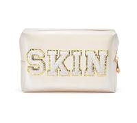 Trousse de Maquillage Preppy Patch Extra Large Varsity Chenille Letter Makeup Bag PU Leather Waterproof Portable Cosmetic Toiletry Organizer Gift(Skin)