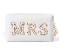 Trousse de Maquillage Preppy Patch Extra Large Varsity Chenille Letter Makeup Bag PU Leather Waterproof Portable Cosmetic Toiletry Organizer Gift(Mrs)